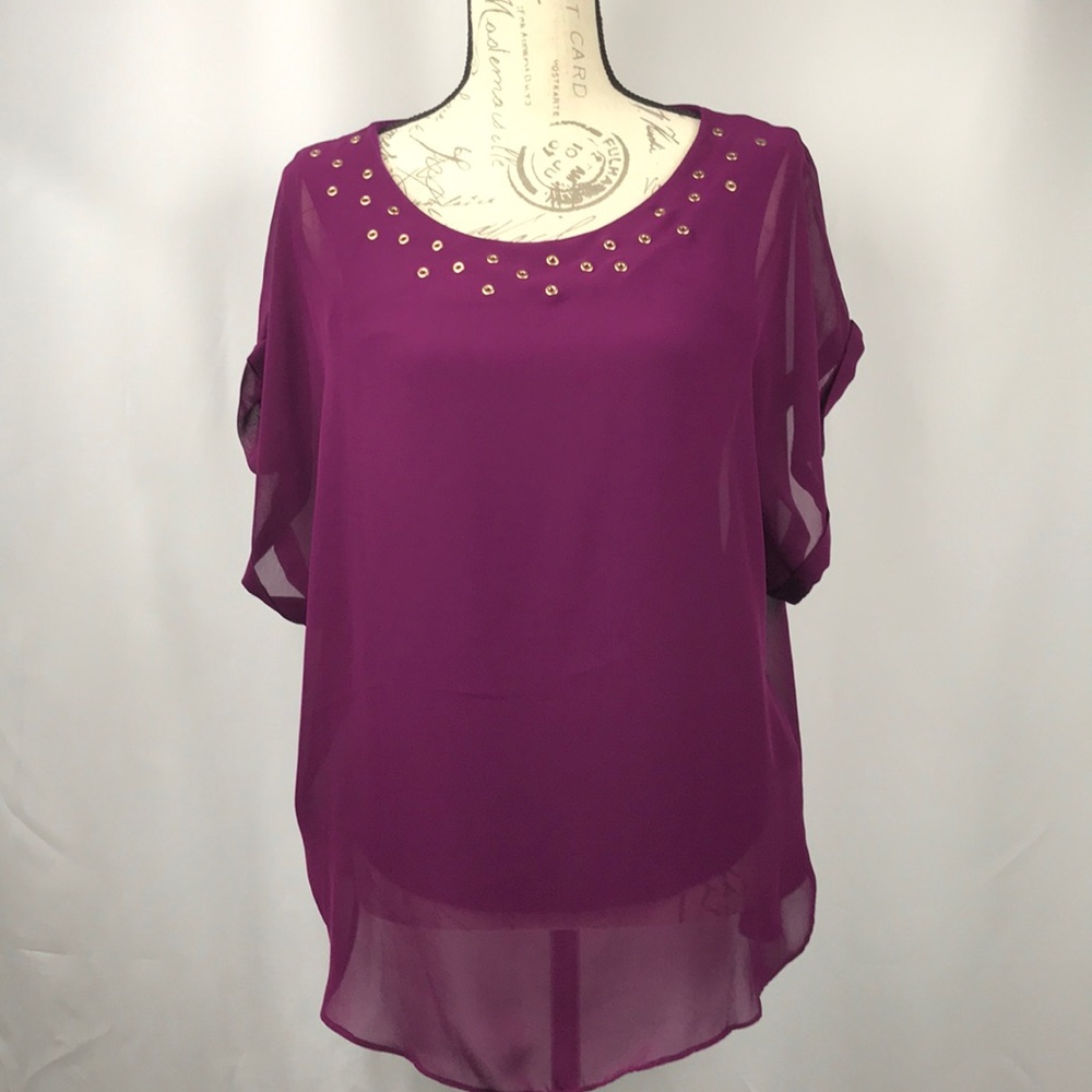 Joseph Allen Maroon Blouse with Gold Grommeted Neckline